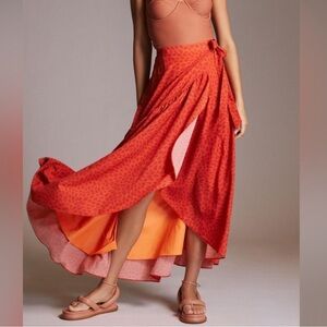 Anthropologie Hutch Printed Wrap Maxi Skirt Wine Red Orange